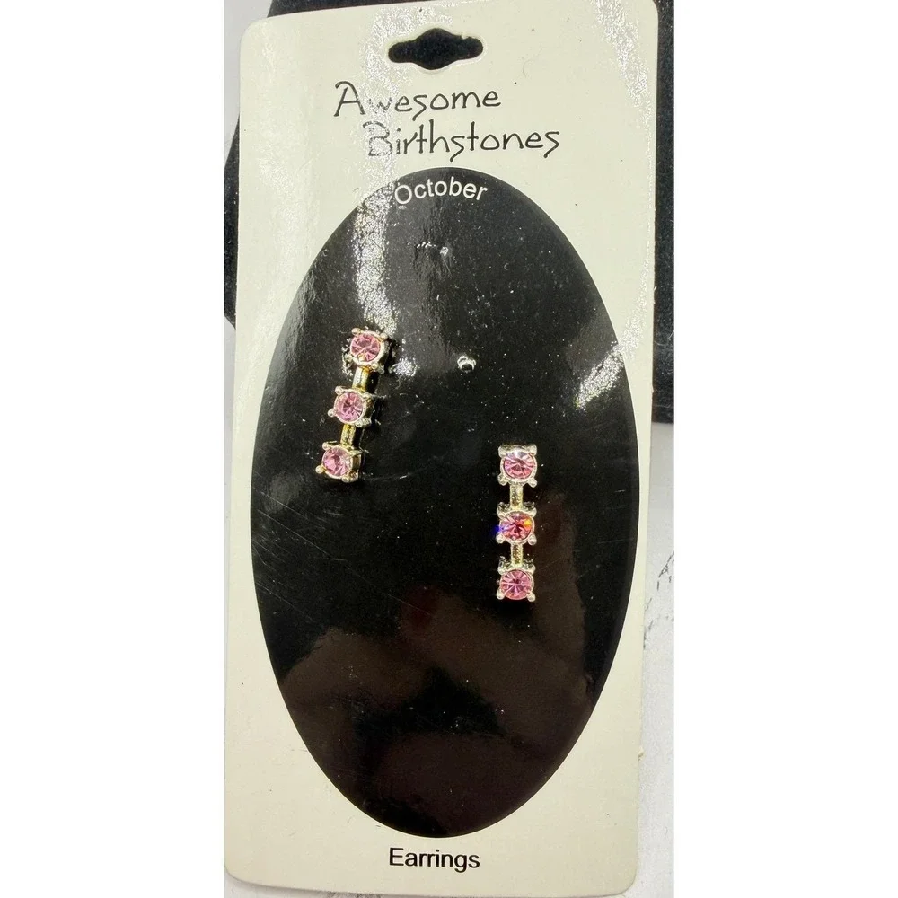 October Birthstone Stud Earrings Pink Rhinestone Silver Tone NOS NWT